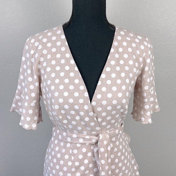 Majorelle Portia Mini Wrap Dress Side-Tie Short Sleeve Taupe Polka Dot Ruffled S - Picture 7 of 13